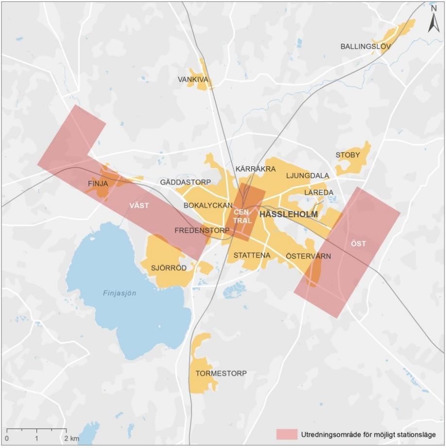 Hässleholm, utredningsområde stationer Väst Stationsläge inom ett område som sträcker sig från centrala Hässleholm till Finja.