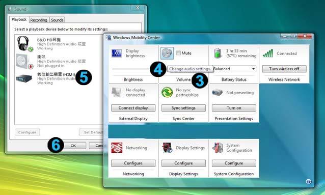 2. På Volume texten, klicka på Change Audio setting ikonen för att öppna Sound sidan 3. Välj HDMI output och tryck OK I Windows XP OS : 1.