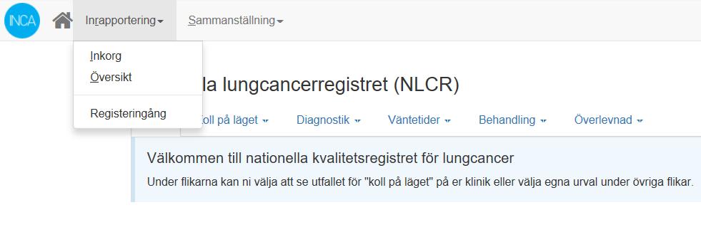 Logga in i INCA För att använda översikten måste du logga in i INCA och välja rollen Inrapportör (Patientöversikt). Därefter väljer du din klinik och register Lunga.