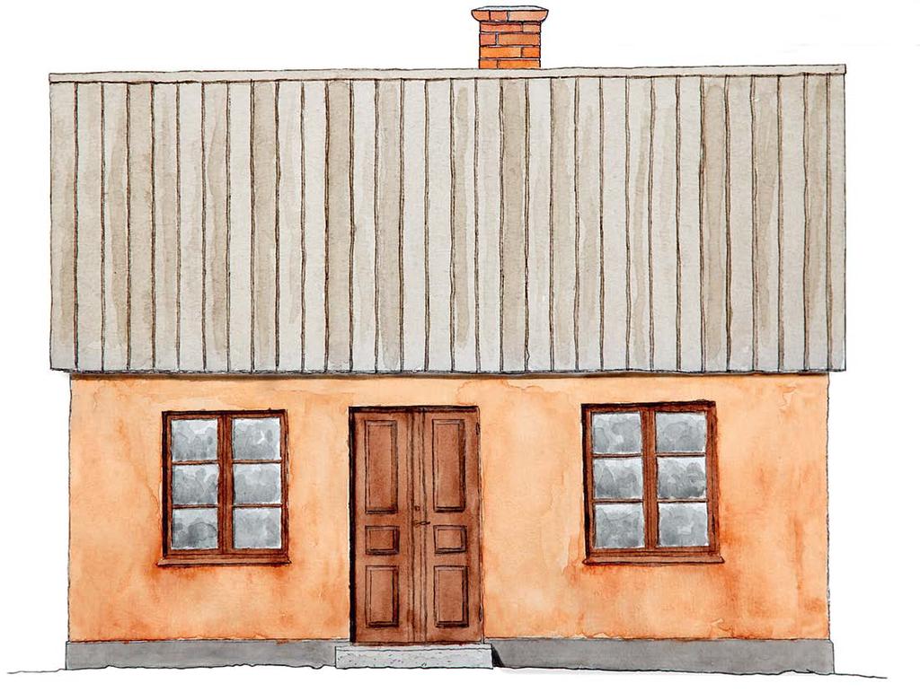 kimrök. Fönsterbågar, dörr: guldockra.