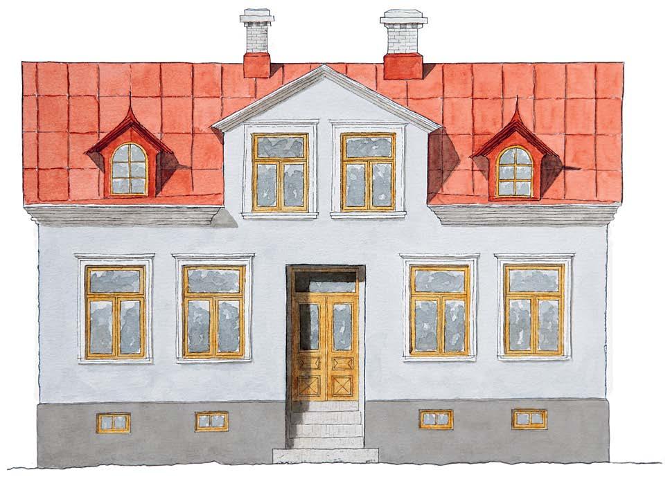 Fasad: gråblå kimrök. Fönster, dörr: ljusockra. Omfattningar: bruten vit. Villornas dörrar och fönster målades järnoxidröda, mörkgröna (med pigmentet grönjord), kimröksgrå, ockragula eller bruna.