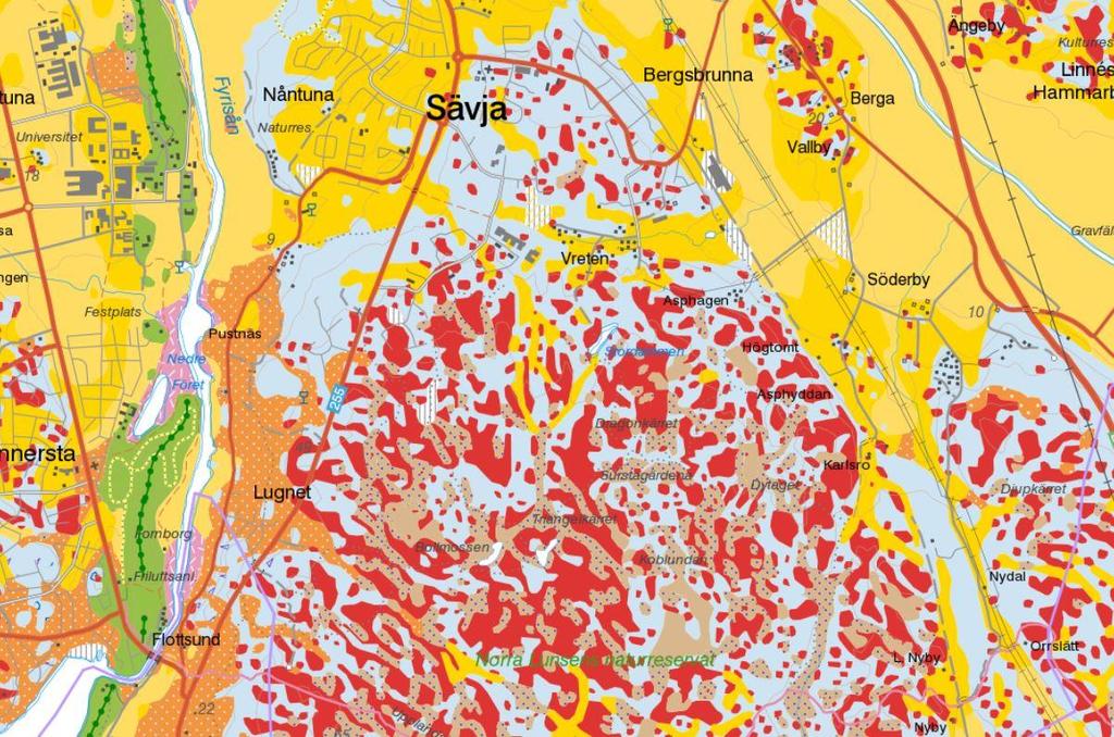 se Figur 28. Sedimenten är mäktiga och djup till fast botten i Fyrisåns dalgång uppskattas vara mellan 40 till 60 meter.