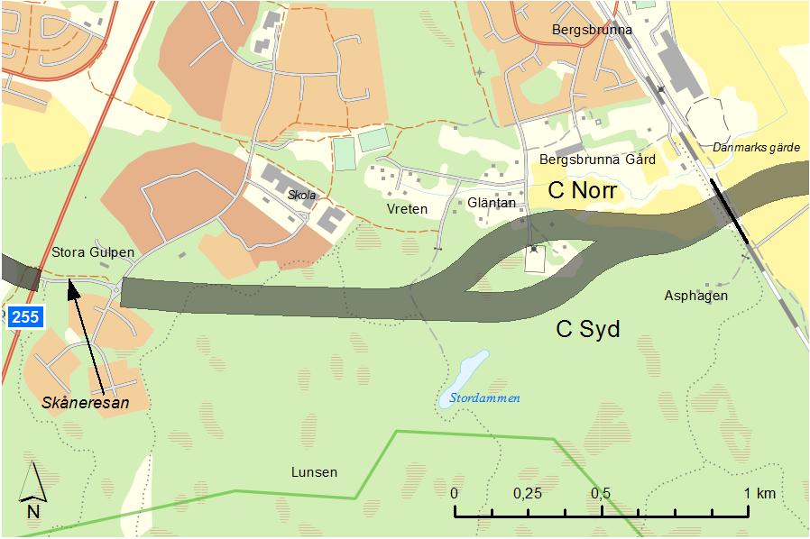 Figur 4. Vägreservat C mellan Väg 255 och Bergsbrunna. D. Från Bergsbrunna till E4 Vägreservaten går i en väst-östlig riktning från Bergsbrunna och vidare under Ostkustbanan, se Figur 5.