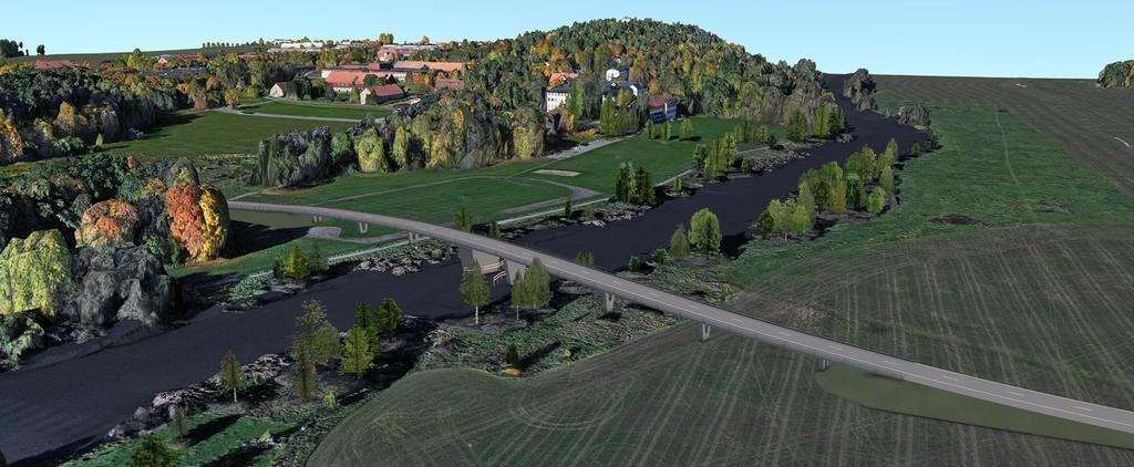 Figur 16. Vägreservat A Syd sett snett ovanifrån från östra sidan om Fyrisån. Årummets sammanhållna rumslighet kommer i olika grad att brytas av bron och dess anslutningar.
