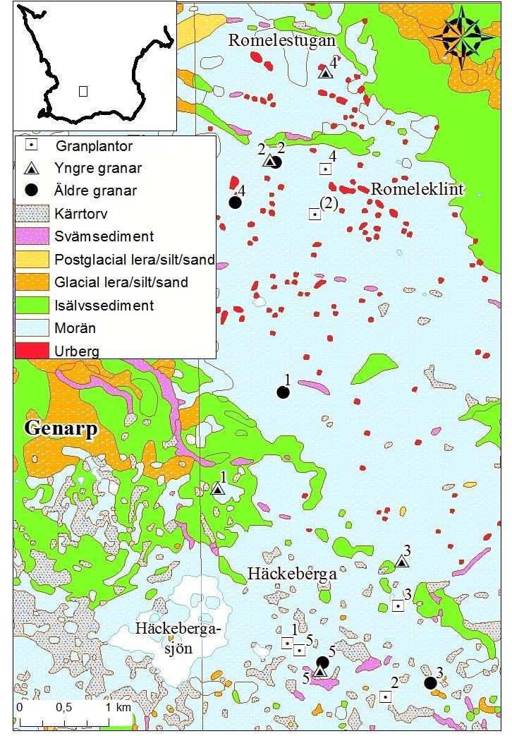 Figur 6. Jordarterna i det undersökta området. Siffrorna visar i vilken ordning som planteringarna inventerades.
