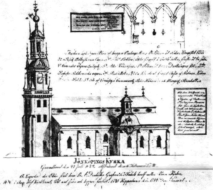 55 Ståhle med Peder Håkanssons möderneanor Lavering av okänd konstnär, Jönköpings läns museum Bildext över långhuset: Grundlagd den 24 Juli1 1649. Afbränd den 6 Februari 1790. A. Cupolen der Elden först kom lös.