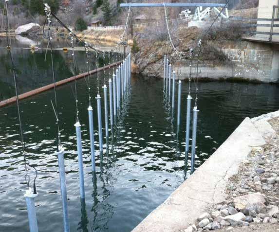 ELEKTRISK FISKBARRIÄR/AVLEDARE FORSHAGA Figur 3. Föreslagen placering av barriärer (bildkälla Google Earth) Figur 4. Exempel på hängande fiskbarriär i Gunnison River, Colorado (USA). rör.