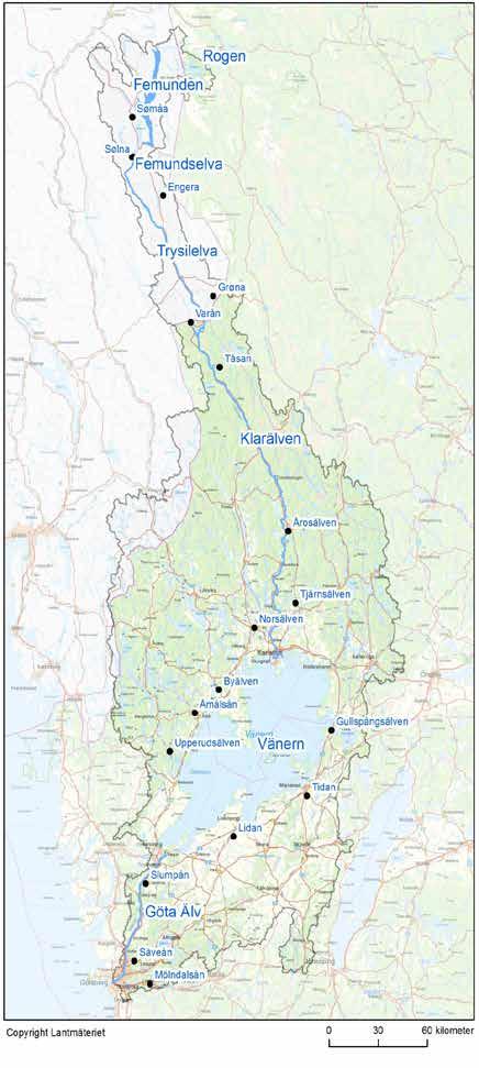 DEL 1 ÄLVEN OCH DESS AVRINNINGSOMRÅDE Figur 7. Göta älvs avrinningsområde med de största biflödena samt sjöarna Rogen och Femunden inom Klarälvens, Trysilelvas och Femundselvas avrinningsområde.