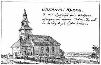 Fig. 70. Ödeshögs kyrka, exteriören från norr tecknad av Johan Fredrik Kock 1811. Den romanska kyrkan lades högt med utsikt över Vättern och mot Omberg.