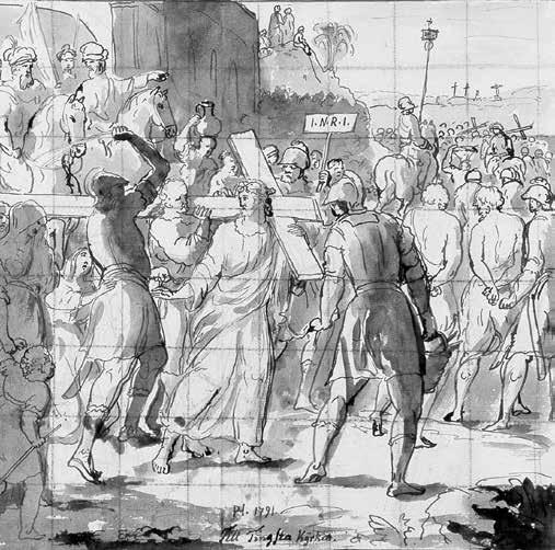 Fig. 56. Jesus bär sitt kors, laverad teckning 171 av Pehr Hörberg, skiss för altartavla i Tingstads kyrka. Teckningen är rutindelad för att kunna överföras till duken.