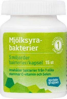 Probiotika: Apoteksgruppen Mjölksyrebakterier 1. Lactobacillus acidophilus 17 % 2. Lactobacillus plantarum 17 % 3. Bifidobacterium bifidum 17 % 4. Lactobacillus casei 12 % 5 Miljarder bakterier 5.