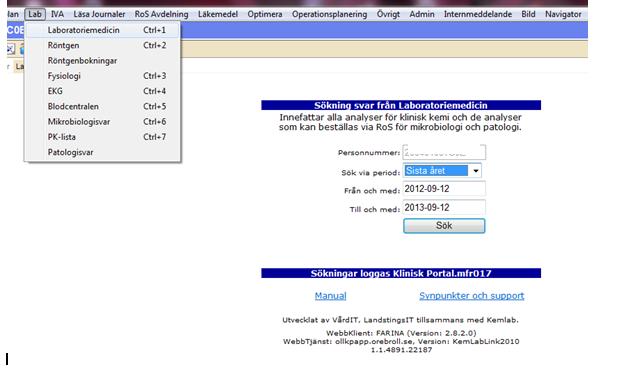 Webbsök Det finns en direktlänk till Webbsök på Laboratoriemedicins hemsida men man kan också gå via menyn Lab och välja Laboratoriemedicin.