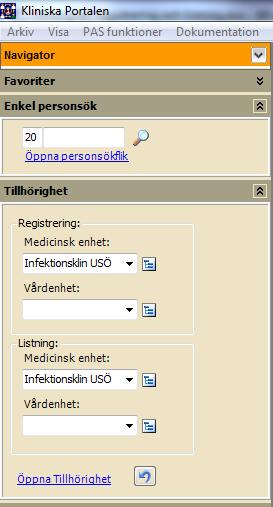 3. Den klinik som är vald under Registrering kommer att vara förvald vid olika registreringar, t ex kontaktregistrering, tidbok, val av dokumentmall och läkemedelsfavorit. 4.