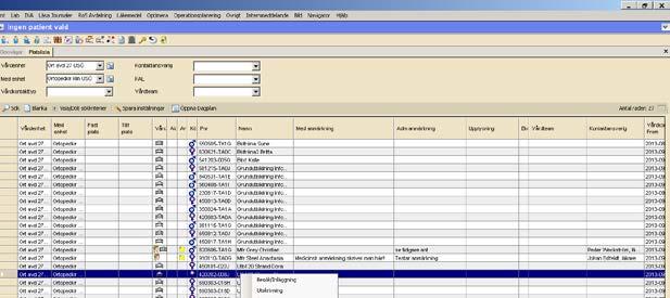 Platslista/Kalladelista Platslista På platslistan hittar du patienter som ligger inne på en avdelning. Välj vårdenhet samt Medicinsk enhet för att få fram de patienter som är relevanta för dig.