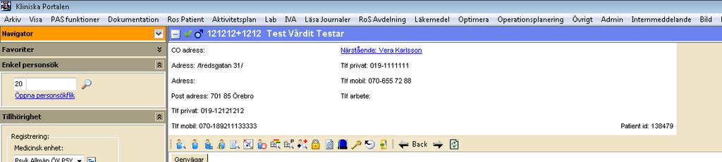 Genom att klicka på pluset längst till vänster i den blå listen kan du se patientens adress och om det finns några närstående