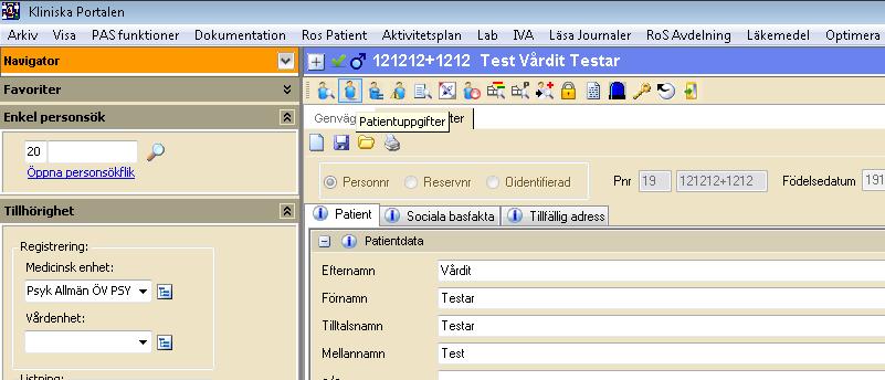 Social basfakta Klicka på ikonen för Patientuppgifter (gubbe utan armar). Nedre delen av fliken Patientuppgifter innehåller Social basfakta.