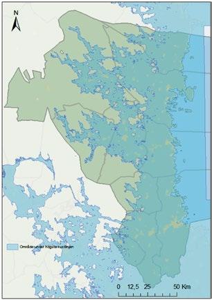 Figur 4. Gränslinje är markerad för område som varit täckt av salt eller bräckt vatten efter issmältningen. Gränslinje kallas högsta kustlinjen (Källa: SGU Högsta kustlinjen).