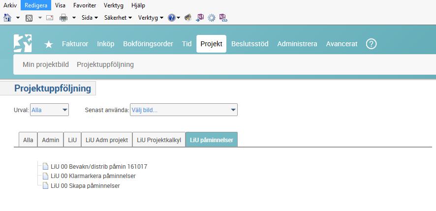 26(30) 4 Händelser/påminnelser 4.1 Skapa påminnelser Påminnelser används för att påminna projektledare och eller projektadministratör att det är dags att vidta åtgärder.