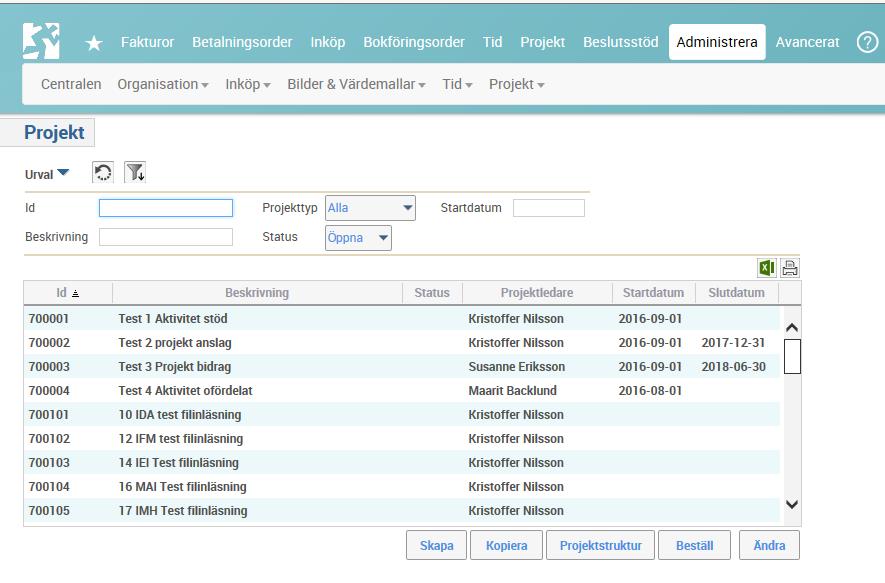 8(30) Skapa projektnummer genom att klicka på Spara Revidera Alla fält utom projektnumret och projekttyp kan revideras fram till dess att projektet sätts i status Öppen, därefter bör revideringar ske
