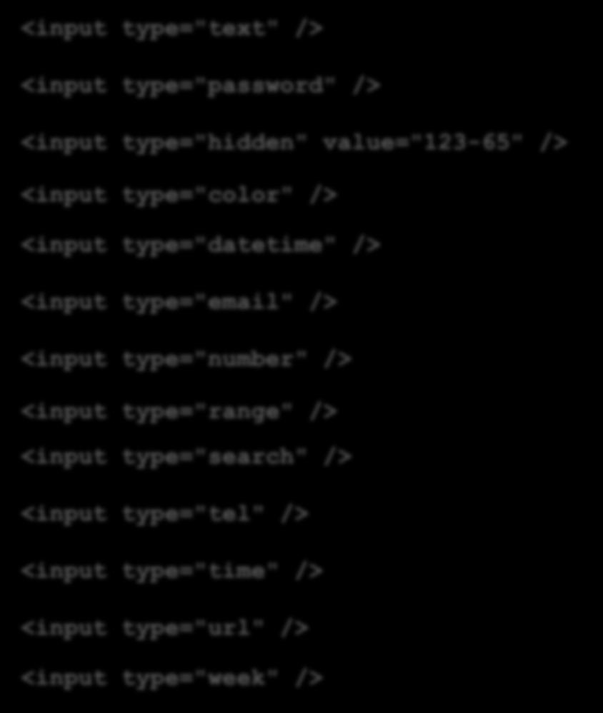 Olika input-typer <input type="text" /> <input type="password" /> <input