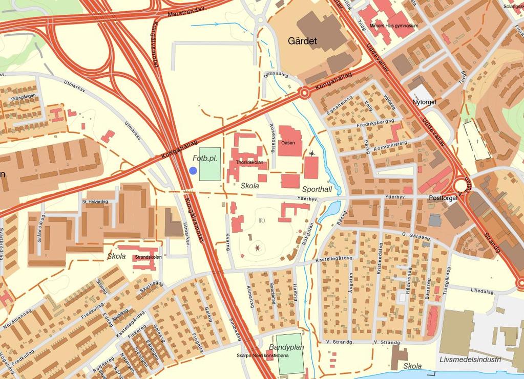 Figur 5 Karta över centrala Kungälv där mätplatsen är markerad med en blå cirkel Karta: