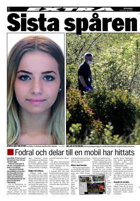 Sista spåren efter Lisa, 17 Fodral och delar till en mobil har hittats Polisen: Har fått in många intressanta tips Aftonbladet. Publicerat i print 2015-06-10.