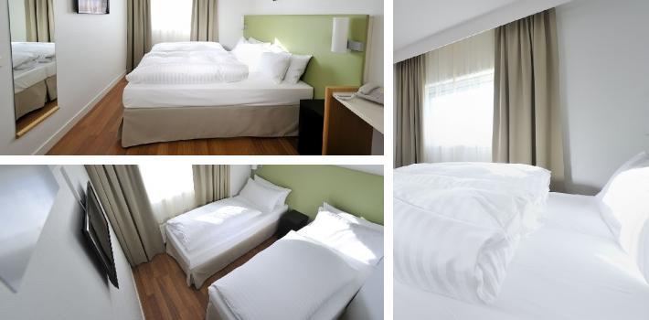 I hotellets dubbelrum finns två sängar som tillsammans blir 160 cm, men som också kan flyttas isär