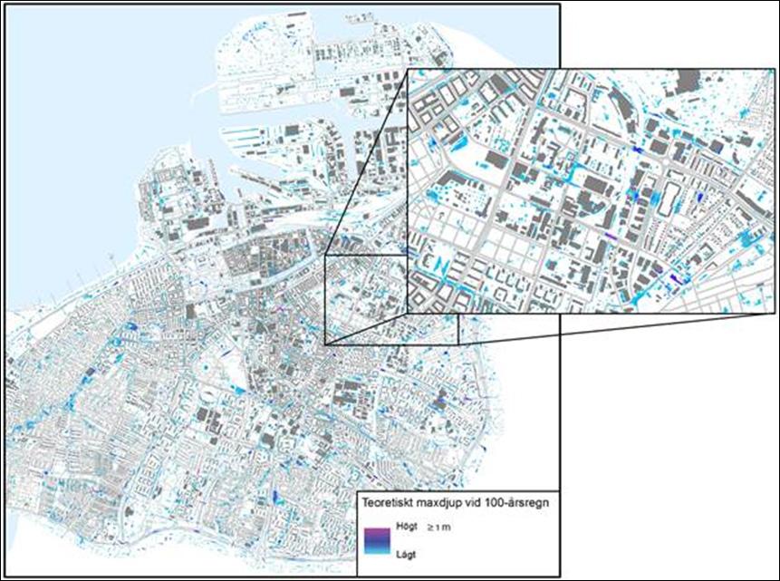 20 - Skyfall i Malmö Remissversion Marköversvämningar Kartering av konsekvenserna av marköversvämningar i Malmö bygger på simulering av markavrinning för ett 100-årsregn.