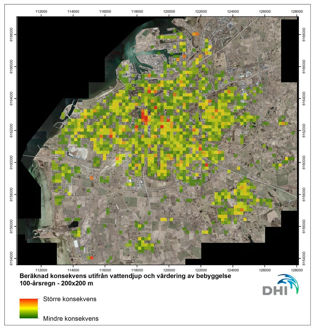 Remissversion I figur 7 visas exempel på riskkarta med 200x200 m upplösning. Kartan anger var områden i Malmö riskerar att drabbas hårdast av skador vid översvämning ovan mark.