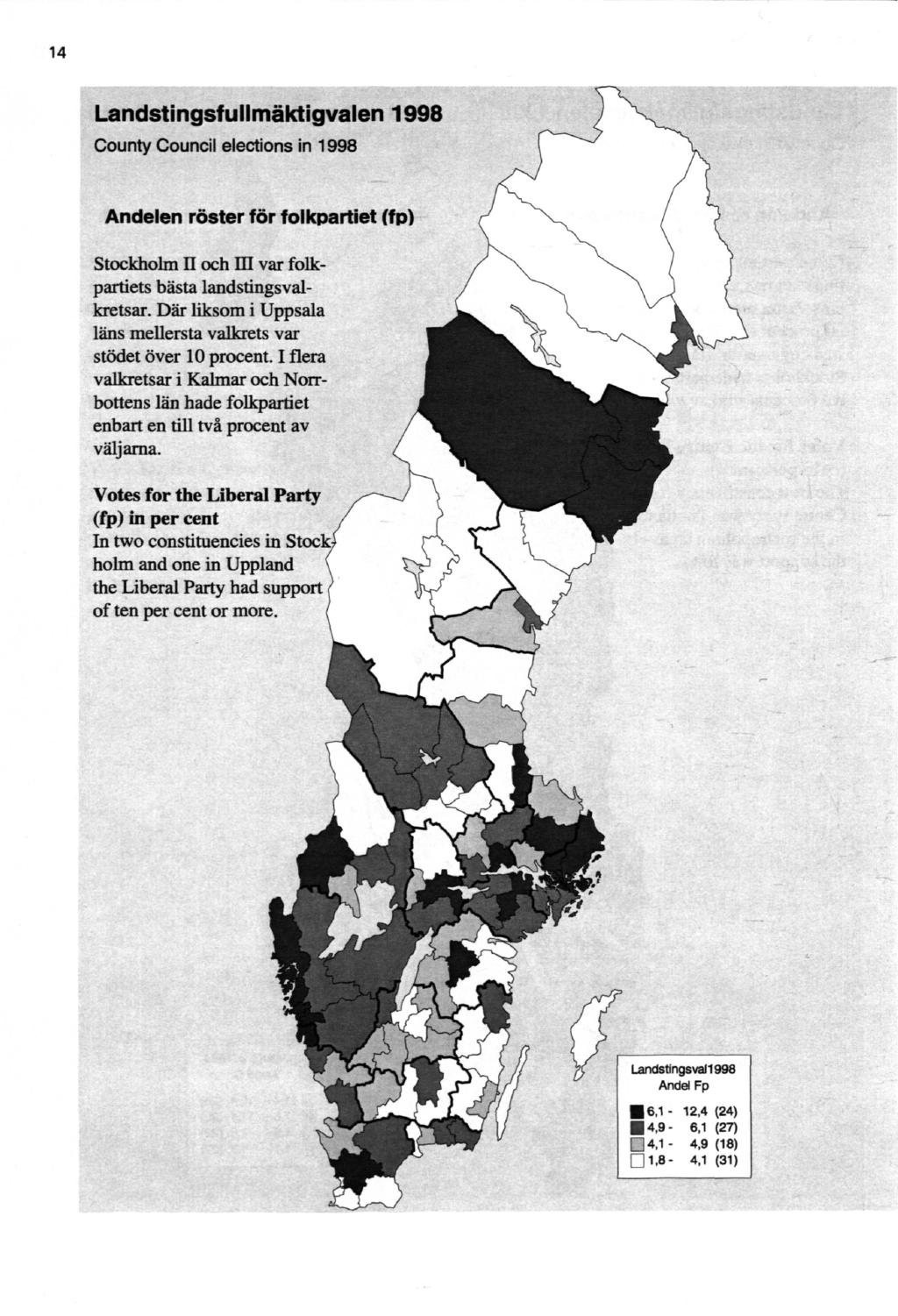 14 Landstingsfullmäktigvalen 1998 County Council elections in 1998 Andelen röster för folkpartiet (fp) Stockholm II och III var folkpartiets bästa landstingsvalkretsar.