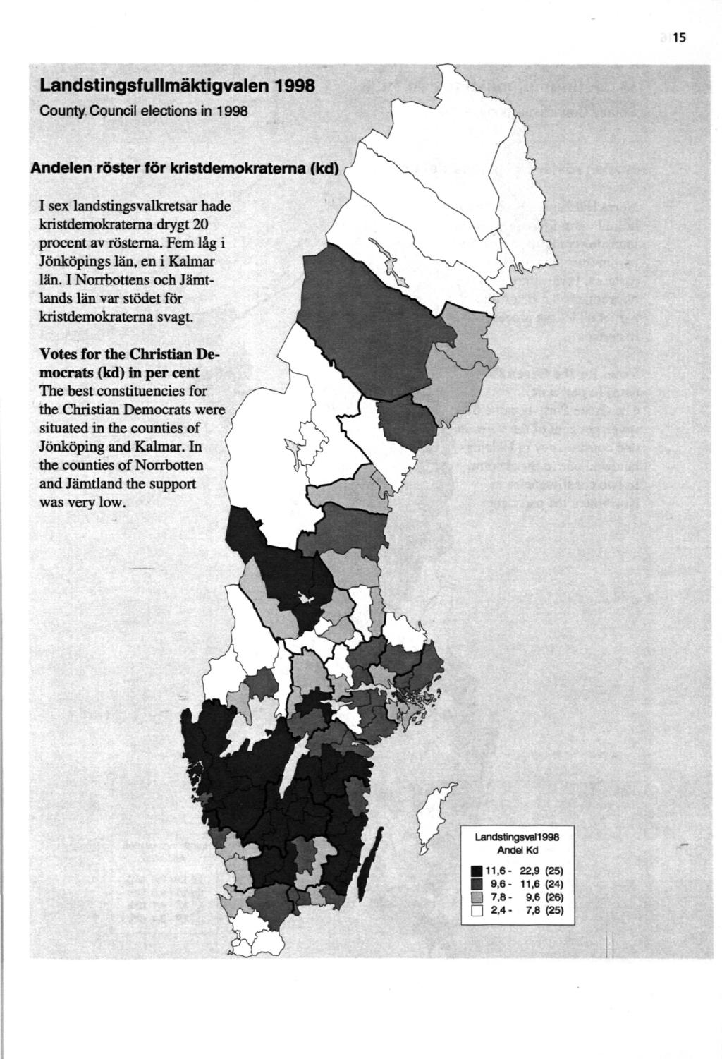 15 Landstingsfullmäktigvalen 1998 County Council elections in 1998 Andelen röster för kristdemokraterna (kd) I sex landstingsvalkretsar hade kristdemokraterna drygt 20 procent av rösterna.