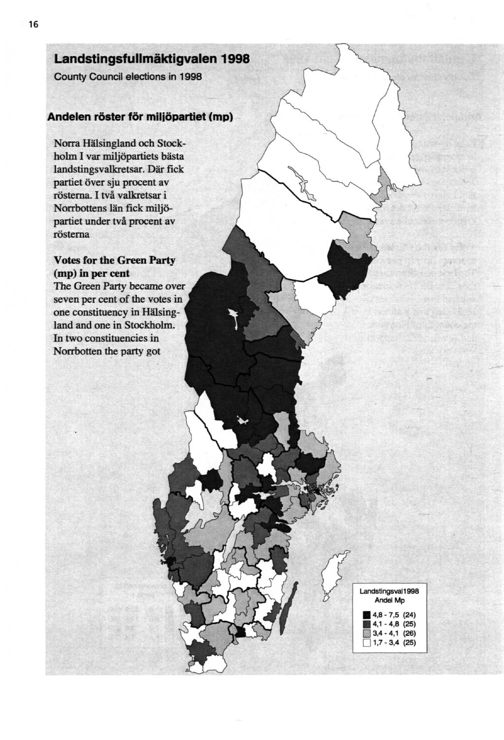 16 Landstingsfullmäktigvalen 1998 County Council elections in 1998 Andelen röster för miljöpartiet (mp) Norra Hälsingland och Stockholm I var miljöpartiets bästa landstingsvalkretsar.