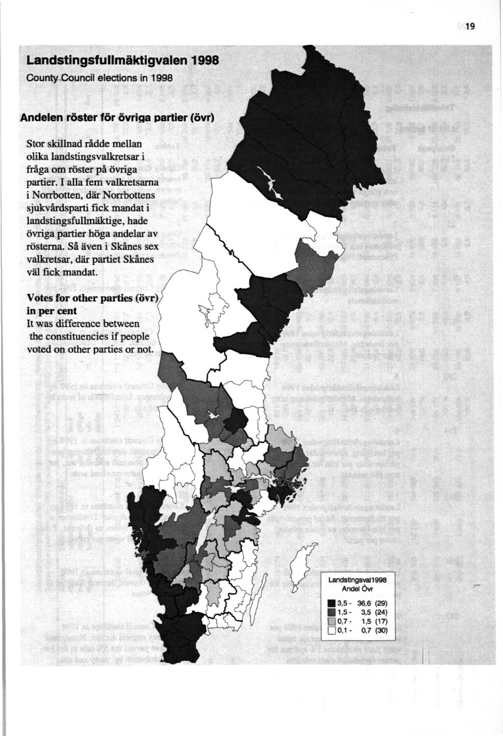 19 Landstingsfullmäktigvalen 1998 County Council elections in 1998 Andelen röster för övriga partier (övr) Stor skillnad rådde mellan olika landstingsvalkretsar i fråga om röster på övriga partier.