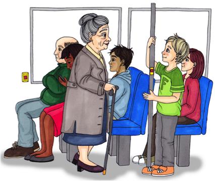 Respekt för äldre och andra Filip visar respekt gentemot en gammal dam som har svårare att stå upp på bussen än Filip. Hon får hans sittplats.