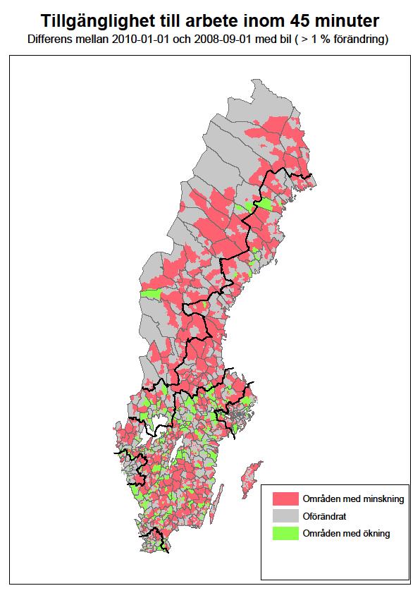 Figur 12-2. Förändring i tillgänglighet till arbete inom 45 minuter. En delvis annorlunda bild framträder om hänsyn tas till hur stor befolkning som finns i de olika områdena, se tabell 12-2.