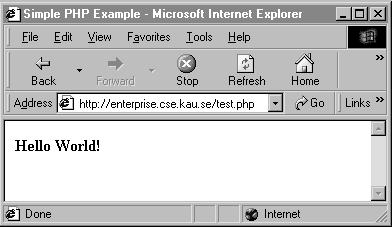PHP Grunderna Samma sida i webbläsaren //test.php <HTML> <HEAD> <TITLE> Simple PHP Example</TITLE> </HEAD> <BODY> <P> <B>Hello World!