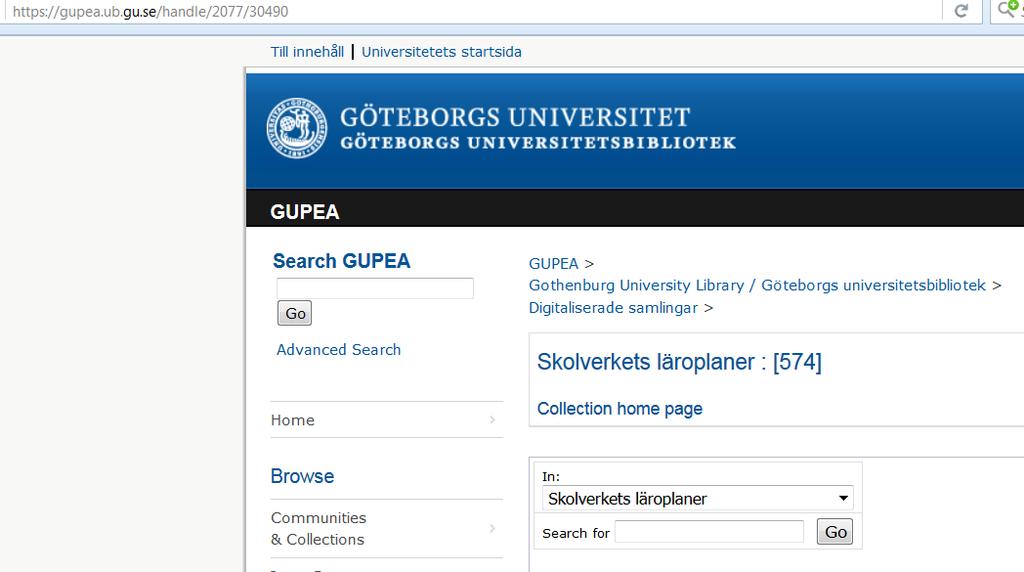 GUPEA Databas vid GU över svenska läroplaner från