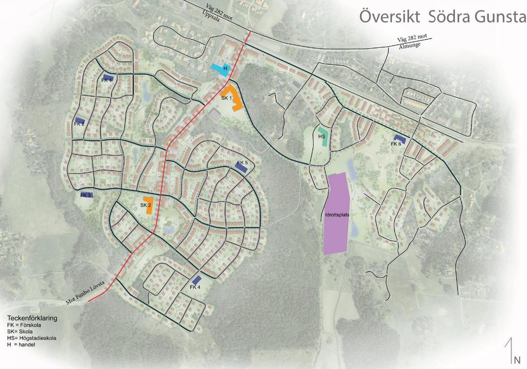 Sida 6 (18) Figur 4 Översikt Södra Gunsta, se även bilaga 1 för översiktskarta i A3 format Ny kollektivtrafiklinje är planerad i området, där bussarna trafikerar huvudgatan mellan Funbo Lövsta och