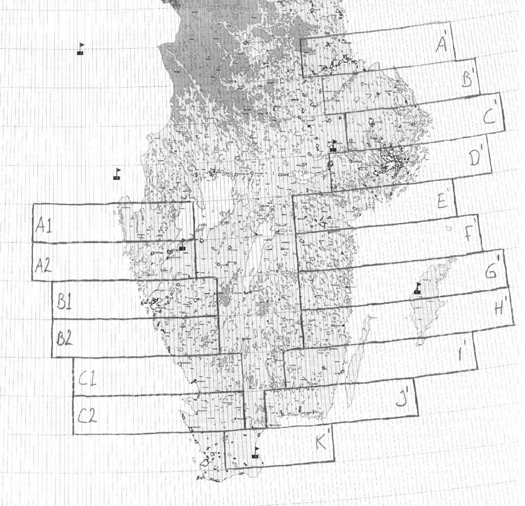 Bilaga 1: Indelning av södra Sveriges kustområden. Figur 1. Indelningar av södra Sveriges kustband i studien, de svarta flaggorna markerar aktuella DF-stationer.
