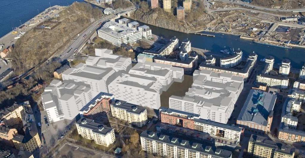 Sida 8 (18) Modellskiss inlagd i flygfoto från sydväst, Tengdahlsparken och kvarteret Fikonet i förgrunden. Modellskiss inlagd i flygfoto från nordöst.