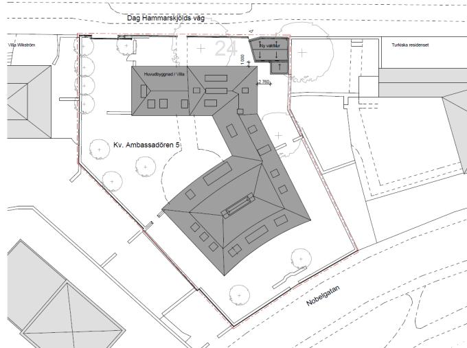Sida 10 (15) Situationsplan för fastigheten. Den föreslagna vaktkuren finns i nordöstra hörnet av fastigheten. Ny bebyggelse Övergripande En vaktkur planeras i nordöstra hörnet av fastigheten.