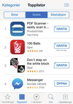 Sök efter en app genom att trycka på Sök (förstoringsglas som symbol) skriv i