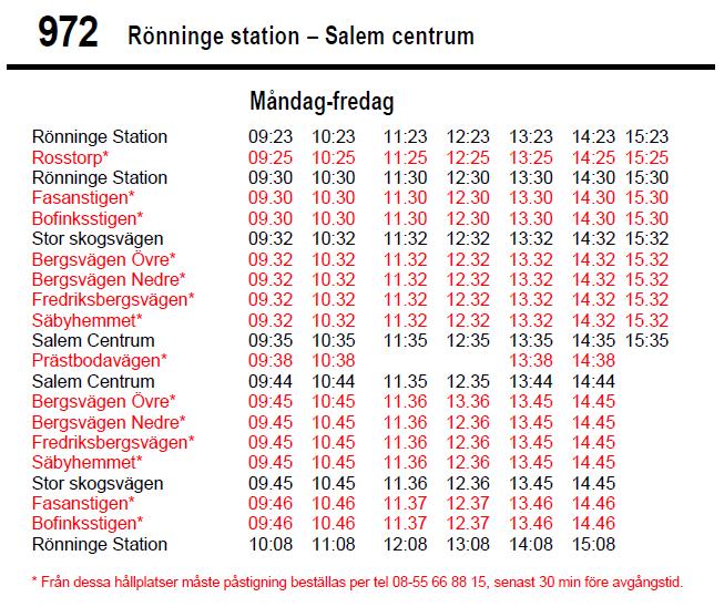 Eftersom sällan mer än hälften av avvikelserna beställs på en enskild tur blir trafikeringstiden sällan längre än ca 50 minuter.