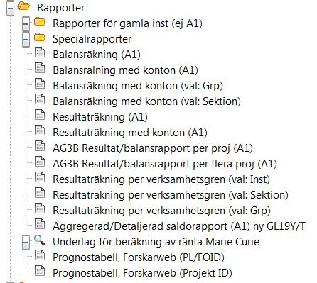 2017-04-05 27 / 80 2.4.1 Resultat- och balansräkningar Egen meny Rapporter Dubbelklicka på rapporten i menyn som du vill se. Ett nytt fönster öppnas till höger.