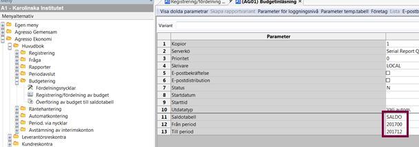 Agresso Ekonomi Huvudbok Budgetering Överföring av budget till saldotabell och välj aktuell period och den