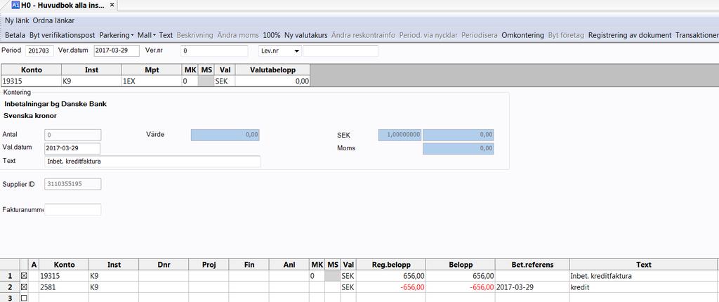 2017-04-05 70 / 80 Har du fått en inbetalning på banken för en kreditfaktura så bokar du 19*-kontot mot kreditfakturan i huvudboken (se bilden nedan).