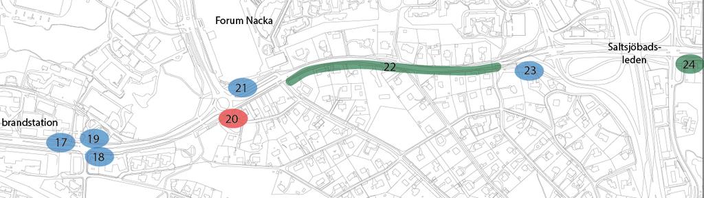 Figur 7. Platsspecifika problem. 17. Busshållplats i anslutning till skola 18. Konflikt med gående vid skola 19.