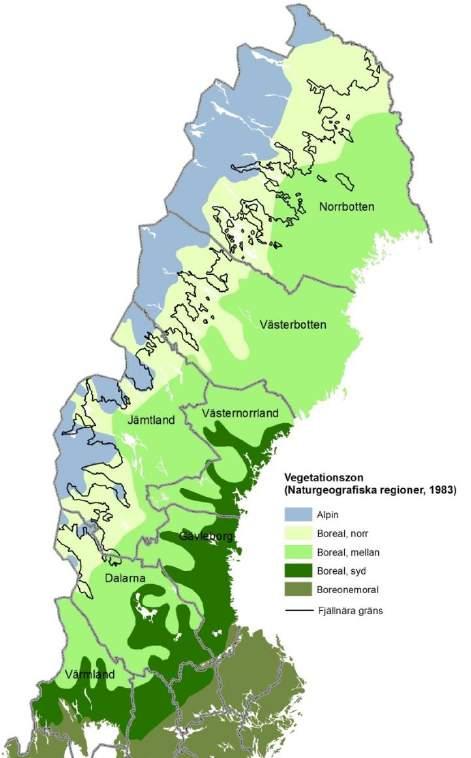 Figur 1. Karteringen är utförd i sju län som huvudsakligen ligger inom den boreala regionen. Källa: Nordiska ministerrådet 1994. 2.5.