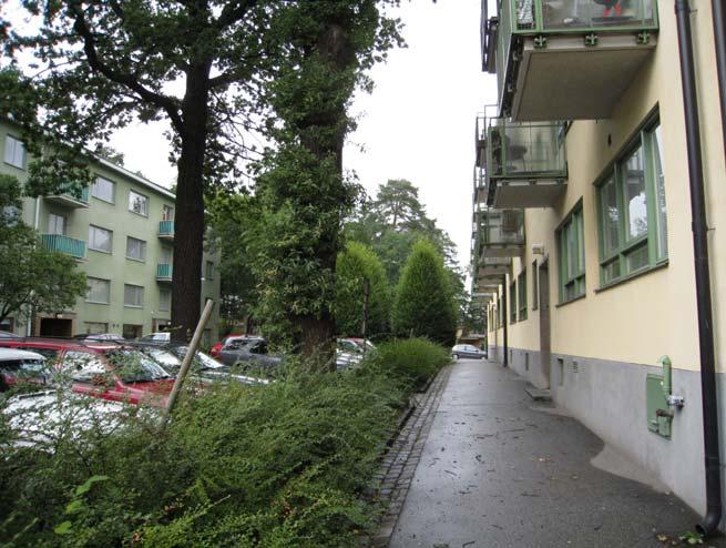 ARTILLERIGATAN () Beskrivning: På Artillerigatan, delen norr om Valhallavägen, finns intill fasaden vid kv Kasernberget en gräsyta med syréner och några små päronträd. På gångbanan står en rad oxlar.