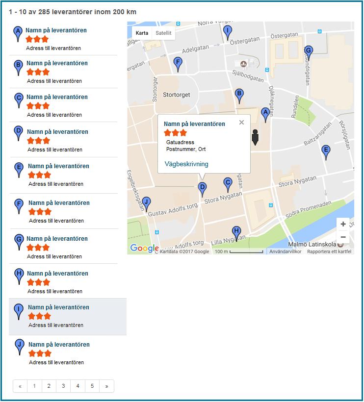 11 Sökresultat 13 14 15 12 11 När du klickat på Sök visas en träfflista med leverantörens namn och adress. Om du har sökt på adress visar träfflistan alla leverantörer inom 200 kilometer.